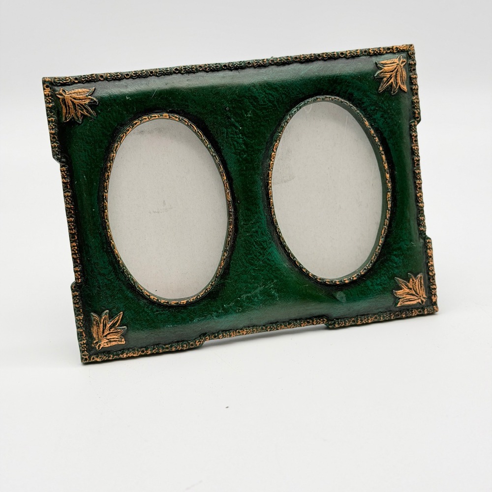 Vintage Style Hunter Green Bronze Double Oval Picture Frame Ornate Leaf Detail
